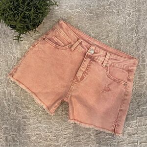 Acid Wash Pink High Waisted Stretch Denim Jeans Shorts Distressed Frayed Cutoffs